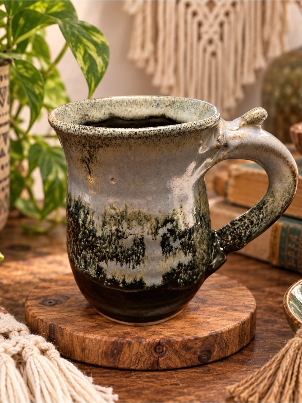 Art Pottery Coffee Mug Drip Glaze Ombre Wheel Thrown Ribbed Oversized
